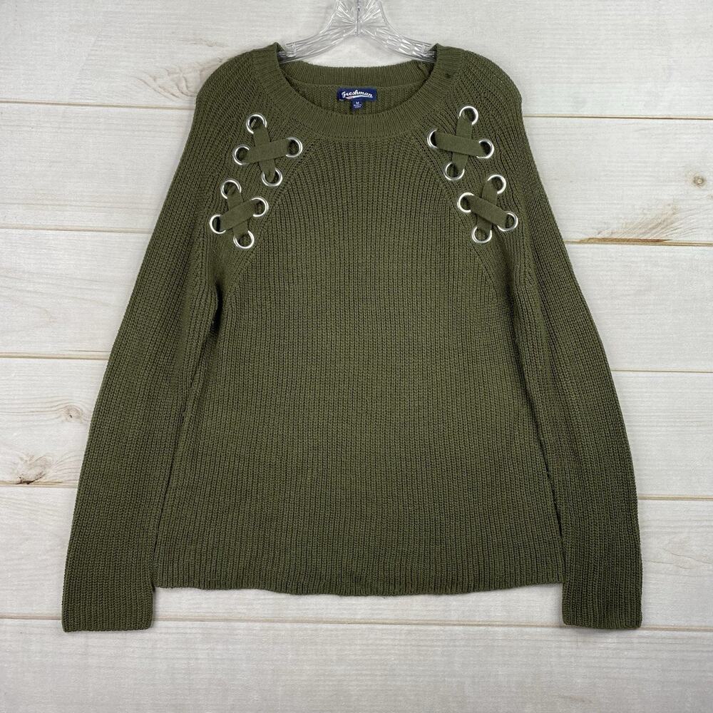 Freshman 1996 Sweater Womens Medium Green Silver Grommets Laced Cable Knit